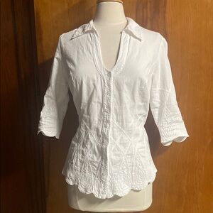 Soft Surroundings White Cuffed Sleeve Blouse with Notched Collar